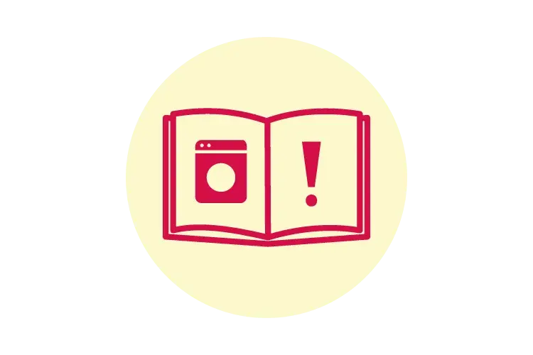 Rotes Grafik-Symbol: Offenes Buch mit Waschmaschine und Ausrufezeichen.