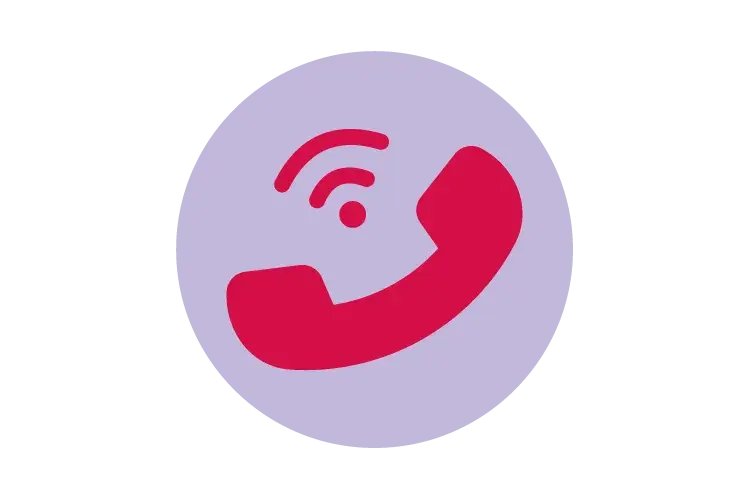 Rotes Telefonsymbol mit Wellen auf lila Kreis-Hintergrund
